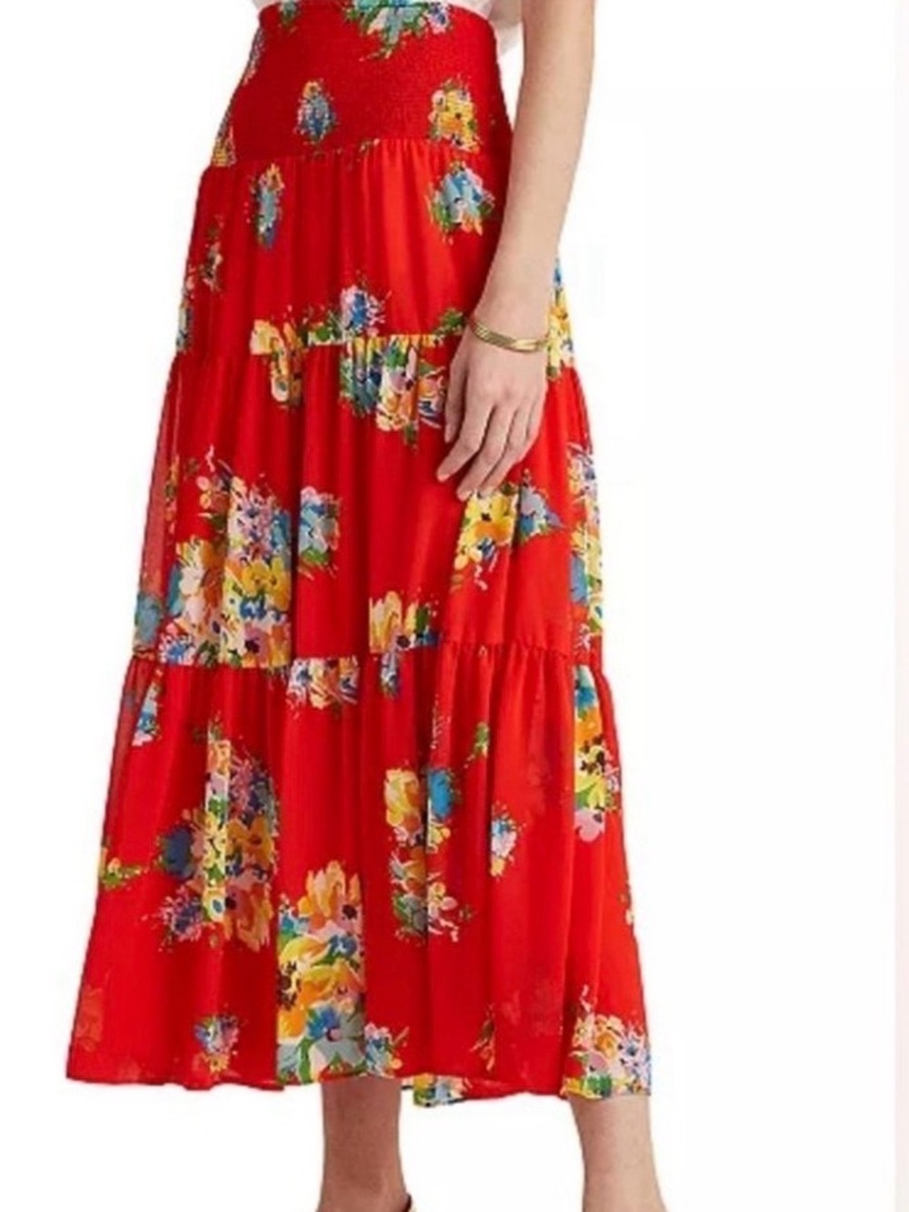 Ralph Lauren Red Floral Tiered Maxi Skirt with Smocked Waistband - Picture 5 of 6